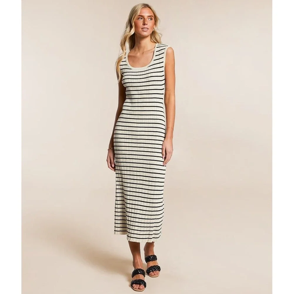 Z Supply Gisele Striped Midi Dress in Sandshell Size Medium Coastal Minimalist